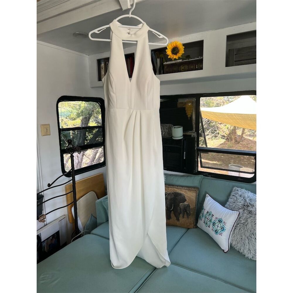 Xscape White Halter V-Neck Dress